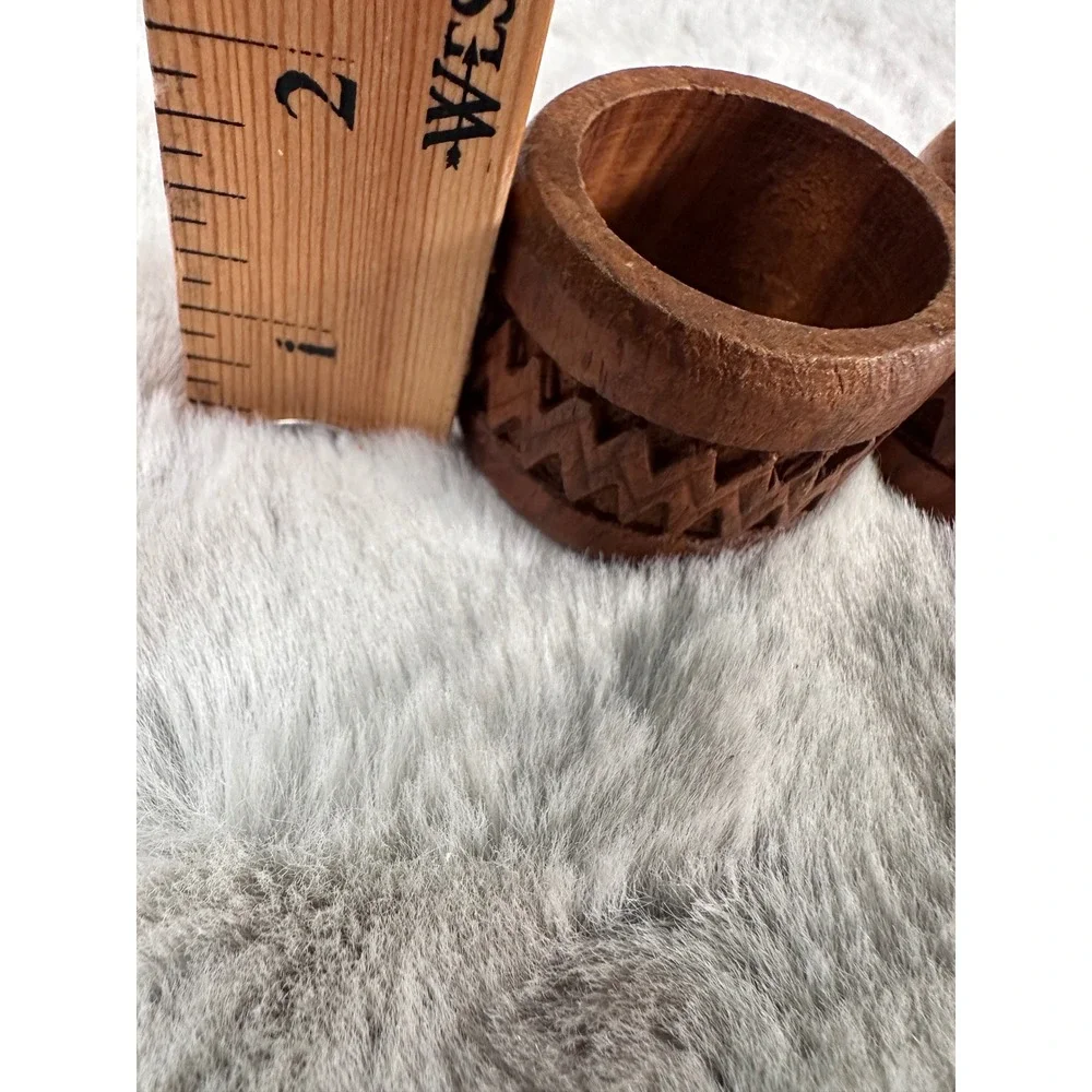Napkin Rings Wood Hand Carved Zigzag Geometric Set of 3 Brown